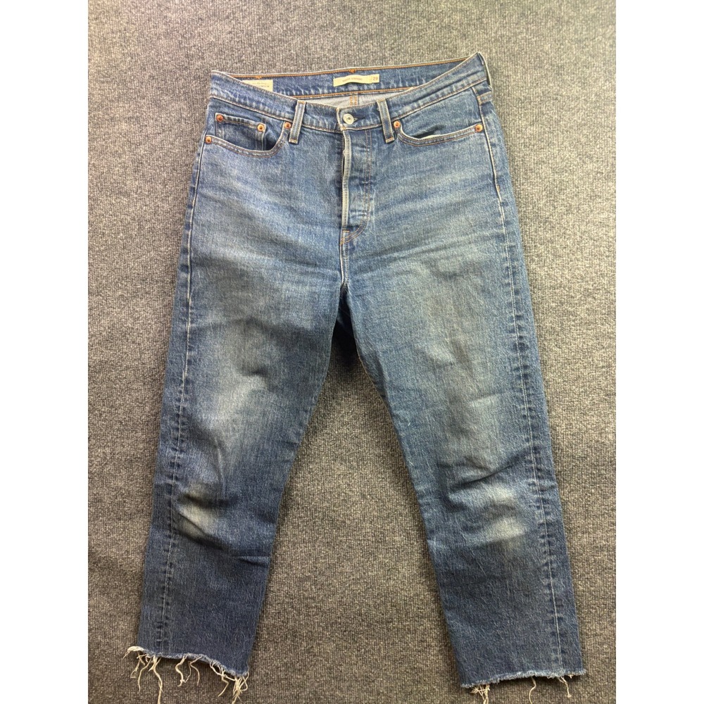 Levis Wedgie Straight Jeans Womens 29 Blue Raw Hem Button Fly High Rise